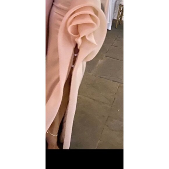 MNM Couture G0935 Off-Shoulder Pink Gown With Floral Ruffle Detail & High Slit - Picture 13 of 13